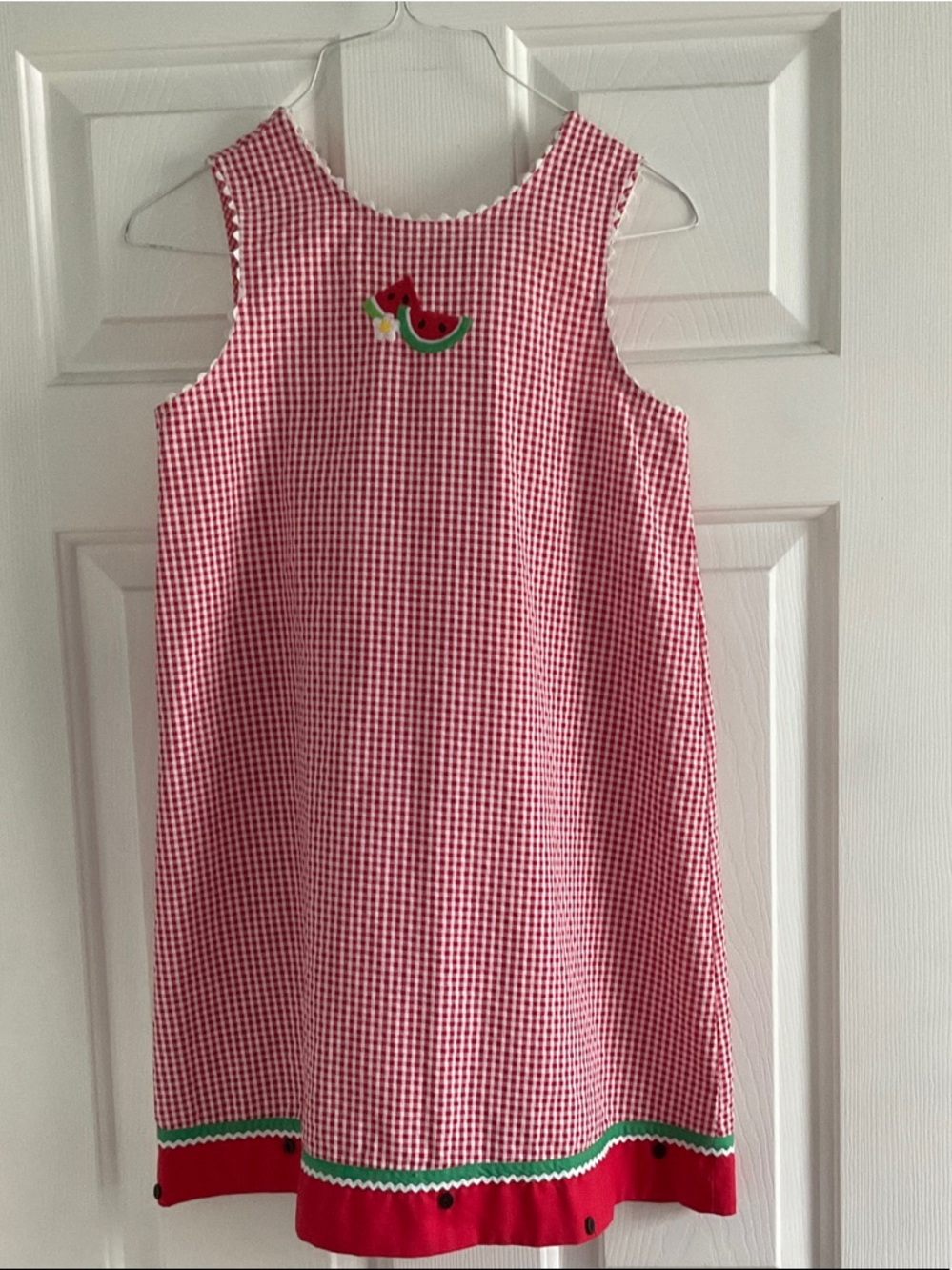 Red Gingham Girls' Dress with Watermelon Applique